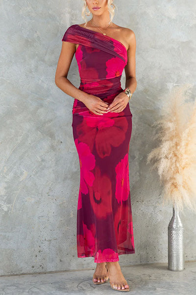 Serena - Eén Schouder Bloemenprint Maxi Jurk