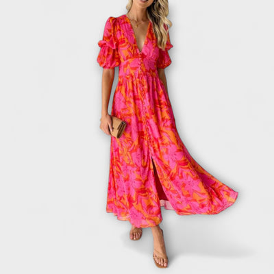 Alva - Elegante Maxi Jurk met V-hals en Pofmouwen