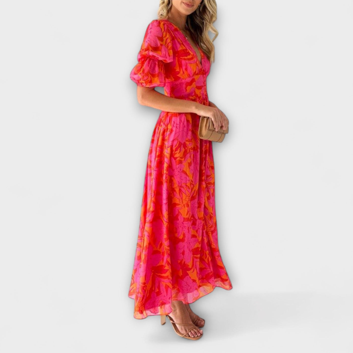 Alva - Elegante Maxi Jurk met V-hals en Pofmouwen