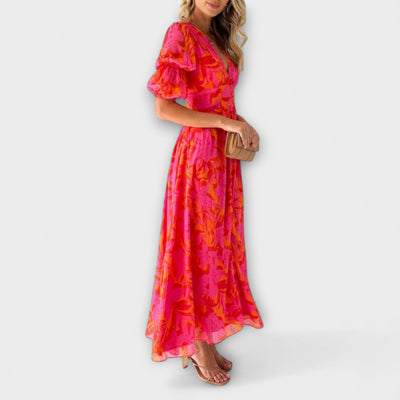 Alva - Elegante Maxi Jurk met V-hals en Pofmouwen