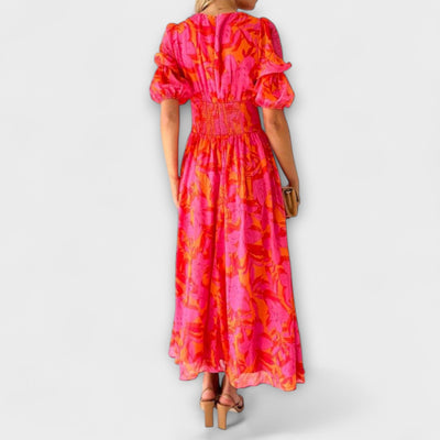 Alva - Elegante Maxi Jurk met V-hals en Pofmouwen