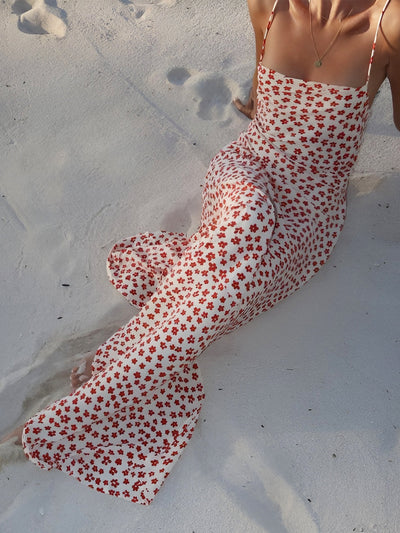 Strappy Bloemenprint Crisscross Vloeiende Lange Zomerjurk