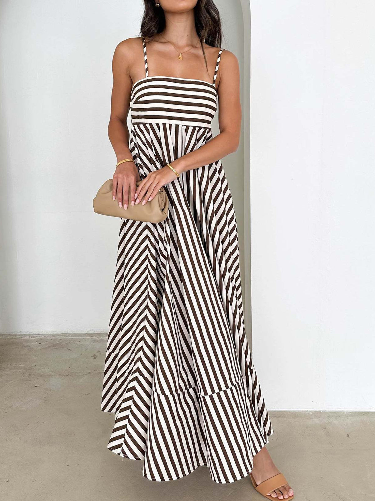 Gestreepte Plissé Cami Lange Jurk