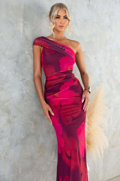 Serena - Eén Schouder Bloemenprint Maxi Jurk