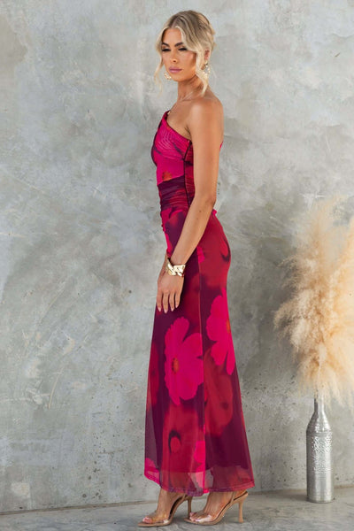 Serena - Eén Schouder Bloemenprint Maxi Jurk