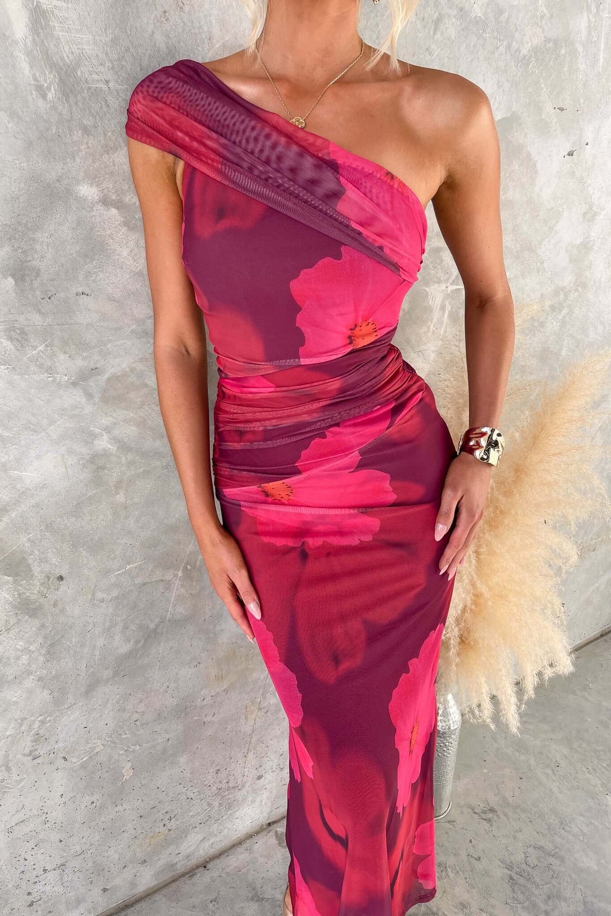 Serena - Eén Schouder Bloemenprint Maxi Jurk
