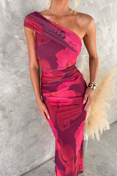 Serena - Eén Schouder Bloemenprint Maxi Jurk