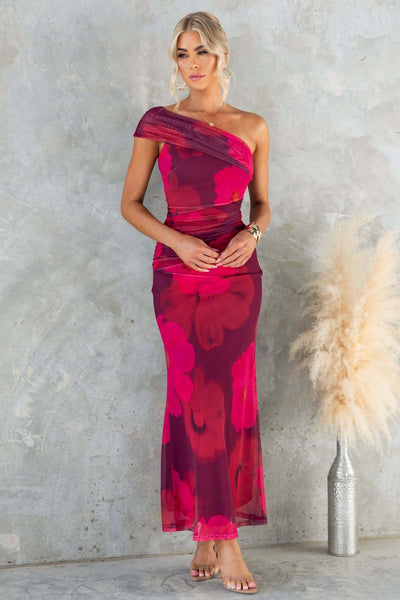 Serena - Eén Schouder Bloemenprint Maxi Jurk